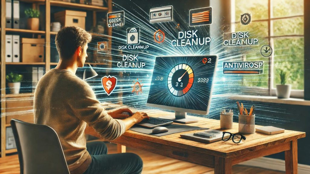 A person working on an old laptop with a cluttered desktop, displaying tools for disk cleanup and antivirus settings. The scene takes place in a modern home office, reflecting the process of speeding up an old laptop.
