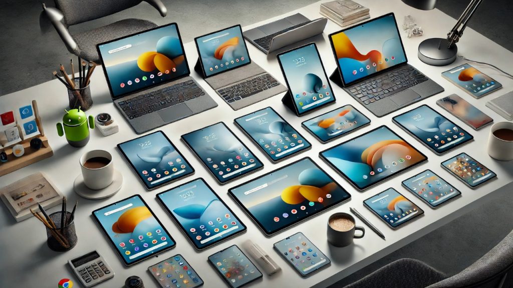 A collection of the best Android tablets of 2025 displayed on a desk, including the Samsung Galaxy Tab S9 Ultra, Google Pixel Tablet, and Lenovo Tab P12 Pro, surrounded by office accessories in a modern setting.