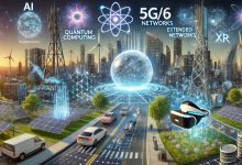 "A futuristic tech landscape showcasing key technologies like AI, quantum computing, 5G/6G networks, Extended Reality (XR), and sustainable energy solutions. The scene includes visuals of a quantum computer, a 5G antenna, VR headsets, solar panels, and electric vehicles, set against a modern city with advanced technological infrastructure. The overall atmosphere is bright, innovative, and forward-thinking, representing the emerging tech trends of 2025."