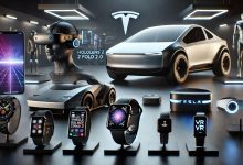 A futuristic tech setup featuring the Apple Vision Pro 2 AR headset, Tesla Cybertruck 2.0, Microsoft HoloLens 3, Samsung Galaxy Z Fold 6, PlayStation VR2 Pro, and Google Pixel Watch 2, arranged on a modern desk with ambient lighting, highlighting their innovative designs.
