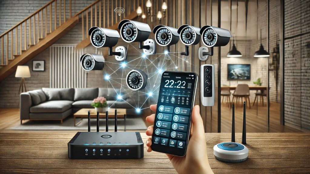 "Modern home security system, wireless cameras, motion detectors, smart home security, cellular security system, real-time monitoring, home surveillance, mobile-connected security."