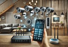 "Modern home security system, wireless cameras, motion detectors, smart home security, cellular security system, real-time monitoring, home surveillance, mobile-connected security."