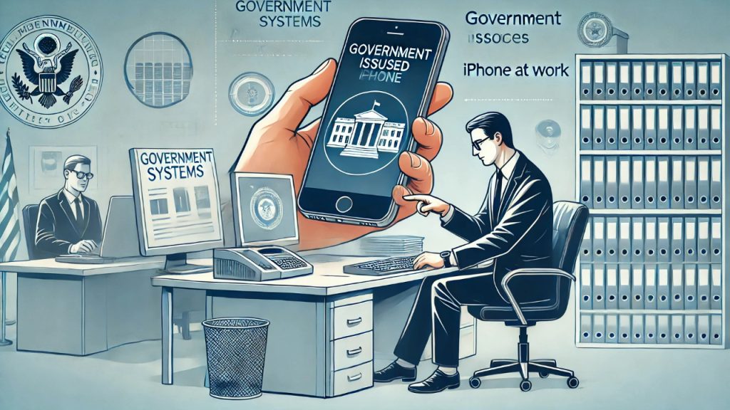 A government employee using a government-issued iPhone in an office setting, interacting with the device to complete tasks, access government systems, and communicate. The office is modern, with documents and technology visible in the background, emphasizing efficiency and organization.