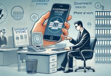 A government employee using a government-issued iPhone in an office setting, interacting with the device to complete tasks, access government systems, and communicate. The office is modern, with documents and technology visible in the background, emphasizing efficiency and organization.