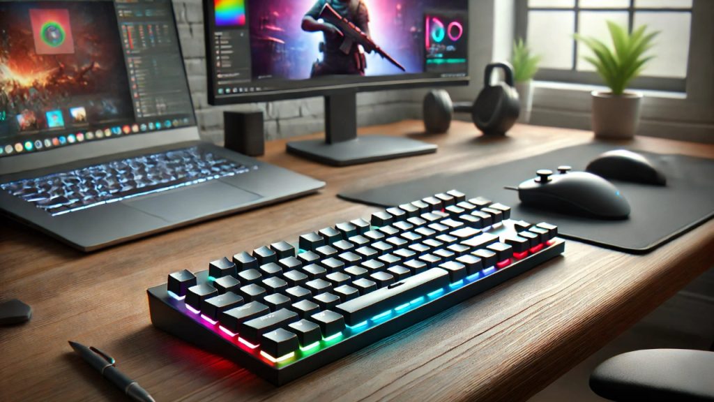 A modern wireless keyboard with customizable RGB lighting on a clean desk, featuring a gaming setup in the background. The scene emphasizes the keyboard's design and versatility for both productivity and gaming.