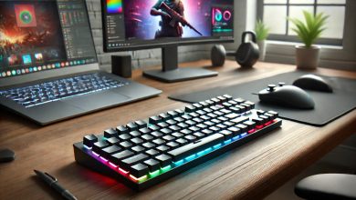 A modern wireless keyboard with customizable RGB lighting on a clean desk, featuring a gaming setup in the background. The scene emphasizes the keyboard's design and versatility for both productivity and gaming.