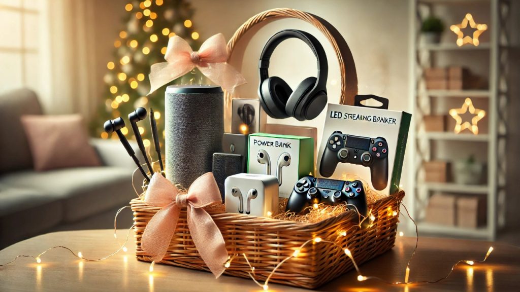 "A well-curated technology gift basket with gadgets like wireless earbuds, a power bank, a smart speaker, and other accessories, presented with decorative LED lights."