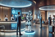 "AI-powered robot concierge assisting guests at a modern hotel reception, showcasing advanced automation in the hospitality industry."