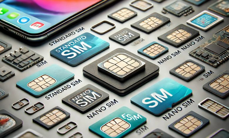 Various SIM cards, including a standard SIM, Nano SIM, and eSIM, displayed neatly with a smartphone in the background, highlighting the different mobile carrier technologies and SIM card types.