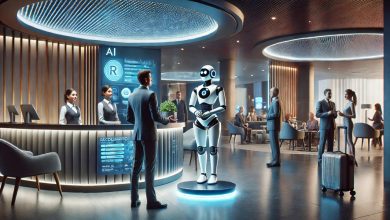 "AI-powered robot concierge assisting guests at a modern hotel reception, showcasing advanced automation in the hospitality industry."