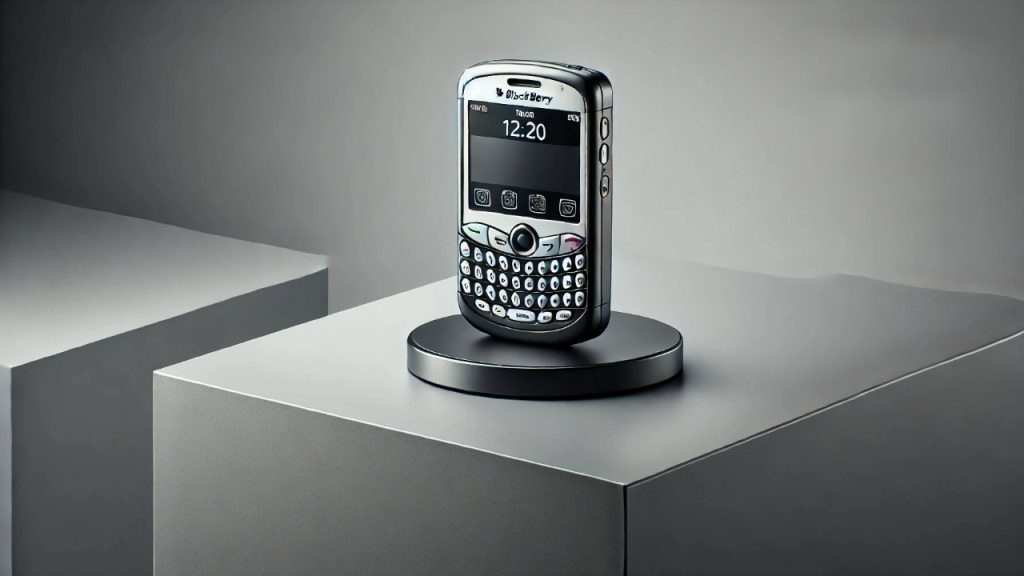 A BlackBerry Pearl 8110 smartphone on a modern desk, showcasing its small size, SureType keyboard, 2MP camera, and trackball navigation system, evoking nostalgia for early smartphone technology.