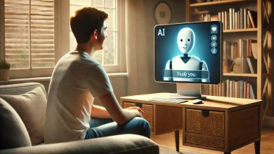 A person interacting with a virtual AI companion on a screen, with the AI appearing as a human-like avatar smiling and offering a comforting presence. The setting is a cozy living room or office, with soft lighting, creating a calm and connected atmosphere between the human and the AI system.