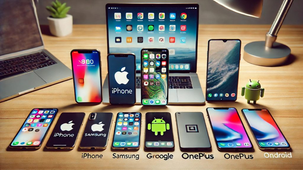 An iPhone and various Android smartphones (Samsung, Google, and OnePlus) placed side by side on a desk, with each phone displaying its home screen. The background features a clean workspace with a laptop, highlighting the comparison between iPhone and Android.