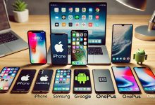 An iPhone and various Android smartphones (Samsung, Google, and OnePlus) placed side by side on a desk, with each phone displaying its home screen. The background features a clean workspace with a laptop, highlighting the comparison between iPhone and Android.