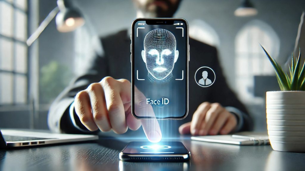 A smartphone with Face ID in use, showing a glowing face icon on the screen to indicate the facial recognition process, set against a clean, minimalistic workspace. The image highlights biometric authentication through Face ID technology.