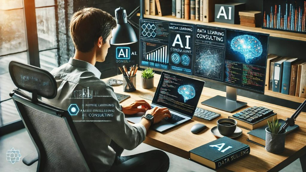 "A professional AI consultant working on a laptop, analyzing data and building machine learning models in a modern workspace, surrounded by books on AI and data science."