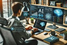 "A professional AI consultant working on a laptop, analyzing data and building machine learning models in a modern workspace, surrounded by books on AI and data science."
