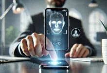 A smartphone with Face ID in use, showing a glowing face icon on the screen to indicate the facial recognition process, set against a clean, minimalistic workspace. The image highlights biometric authentication through Face ID technology.
