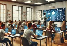 A modern classroom with students using laptops and an interactive whiteboard, while the teacher engages with the class. The room is well-lit with large windows and educational posters on the walls, depicting a technology-driven learning environment.