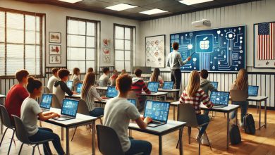 A modern classroom with students using laptops and an interactive whiteboard, while the teacher engages with the class. The room is well-lit with large windows and educational posters on the walls, depicting a technology-driven learning environment.