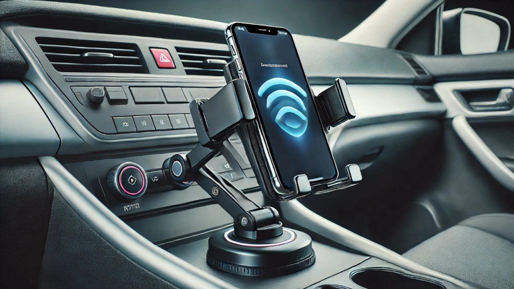 "An automatic cell phone holder mounted in a car, securing a smartphone with infrared sensors. The phone is in the holder, and the arms have automatically closed around it, offering hands-free functionality in a modern car interior."