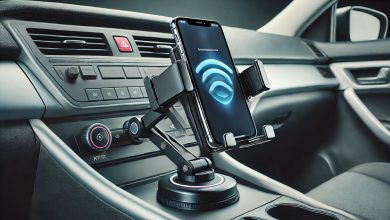 "An automatic cell phone holder mounted in a car, securing a smartphone with infrared sensors. The phone is in the holder, and the arms have automatically closed around it, offering hands-free functionality in a modern car interior."