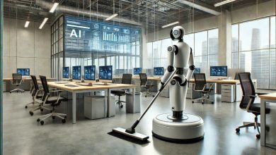 An AI-powered robotic janitor autonomously sweeping the floor of a large commercial office, with a modern, sleek design. The office features desks, chairs, and large windows allowing natural light to fill the room, highlighting the efficient and technologically advanced cleaning process.