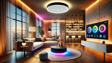 A modern living room with smart lighting, featuring LED lights in various colors, sleek furniture, and natural light streaming through large windows. The room has a cozy and minimalist aesthetic, showcasing the convenience of smart home systems.