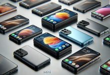 A collection of mini smartphones displayed on a table, each with small screens, modern designs, and powerful cameras. The phones are shown from different angles, emphasizing their portability and compactness in a minimalist tech-focused setting.