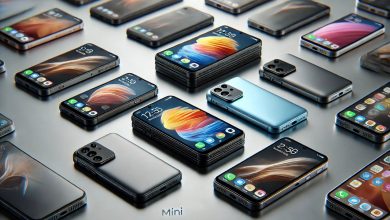 A collection of mini smartphones displayed on a table, each with small screens, modern designs, and powerful cameras. The phones are shown from different angles, emphasizing their portability and compactness in a minimalist tech-focused setting.