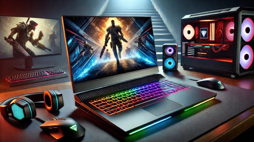 A sleek, futuristic gaming laptop on a desk, featuring a vibrant RGB keyboard, high-resolution display with a gaming scene, and gaming peripherals such as a mouse and headset. The room is dimly lit, emphasizing the immersive gaming experience.