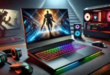 A sleek, futuristic gaming laptop on a desk, featuring a vibrant RGB keyboard, high-resolution display with a gaming scene, and gaming peripherals such as a mouse and headset. The room is dimly lit, emphasizing the immersive gaming experience.