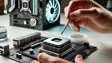 A high-performance CPU cooler with thermal paste being applied to the processor on a minimalist desktop setup, emphasizing precision and proper installation for optimal cooling.