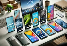 A variety of budget-friendly Android smartphones arranged on a desk, displaying their screens with various apps. The background features a clean workspace with a laptop and a cup of coffee, symbolizing an affordable yet professional tech setup.