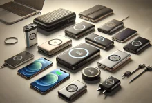 A collection of wireless charging power banks for travel displayed on a flat surface, showcasing different capacities and sleek designs, with visible wireless charging pads and subtle reflections on a minimalistic background.