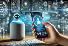 A user interacting with a virtual assistant through a smartphone or smart speaker, with the screen showing a chatbot conversation. The background features a digital, futuristic environment symbolizing AI-powered systems and human interaction.