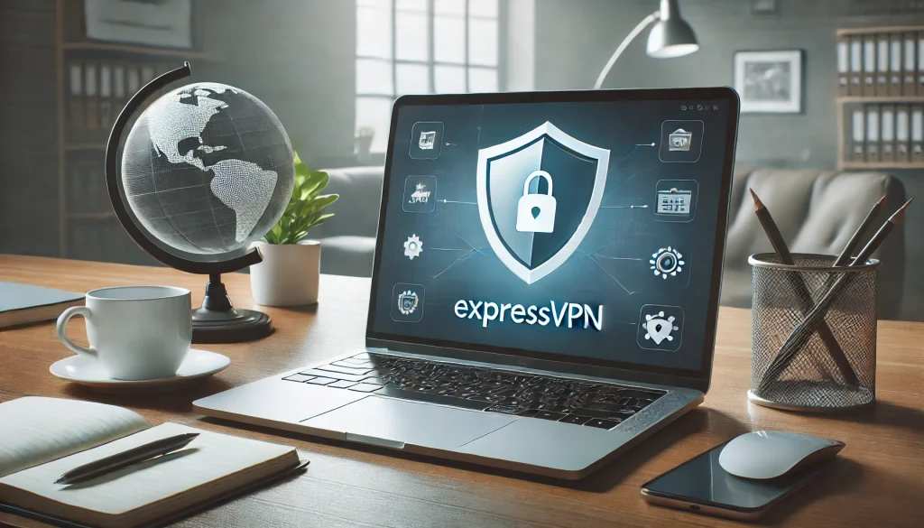 A laptop with a VPN connection on the screen, showing the ExpressVPN logo. The laptop is placed on a clean desk with a shield icon symbolizing online privacy and security. The workspace includes a cup of coffee, a notebook, and a secure working environment.