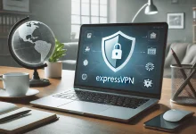 A laptop with a VPN connection on the screen, showing the ExpressVPN logo. The laptop is placed on a clean desk with a shield icon symbolizing online privacy and security. The workspace includes a cup of coffee, a notebook, and a secure working environment.