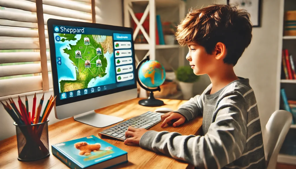 A child focused on a computer screen playing an interactive geography game on Sheppard Software, with a home study environment featuring educational materials and books. The scene captures the joy of learning through digital games.