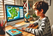 A child focused on a computer screen playing an interactive geography game on Sheppard Software, with a home study environment featuring educational materials and books. The scene captures the joy of learning through digital games.