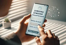 "Person managing Samsung account settings on smartphone, with the 'Delete Account' option visible on screen, in a minimalist, modern setting."