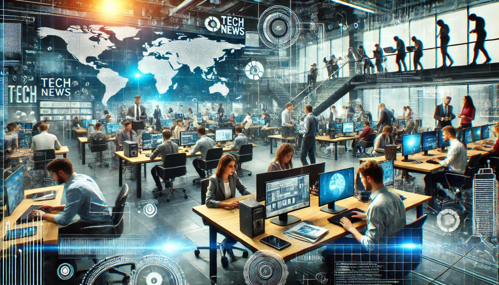 "A modern tech newsroom with journalists working on computers, analyzing technology news, and discussing emerging trends. The scene is dynamic, featuring tech gadgets, laptops, and digital screens displaying tech news, with professionals collaborating in an open office space."