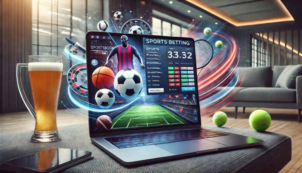 "A sleek and modern online sportsbook platform interface displayed on a laptop, showcasing various sports betting options like football, basketball, and tennis, with a vibrant and stylish background."