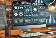 "A digital content moderation dashboard displaying tools for filtering NSFW content, keywords, and flagged materials, with an emphasis on digital safety and AI privacy protection."