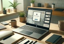An HP laptop on a desk with a screenshot being taken, showing a simple interface. The workspace includes a cup of coffee, a notebook, and a plant in the background.