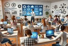 "A modern classroom with students using laptops, tablets, and virtual reality (VR) goggles. The teacher guides students through a flipped classroom model with a large screen displaying educational content."