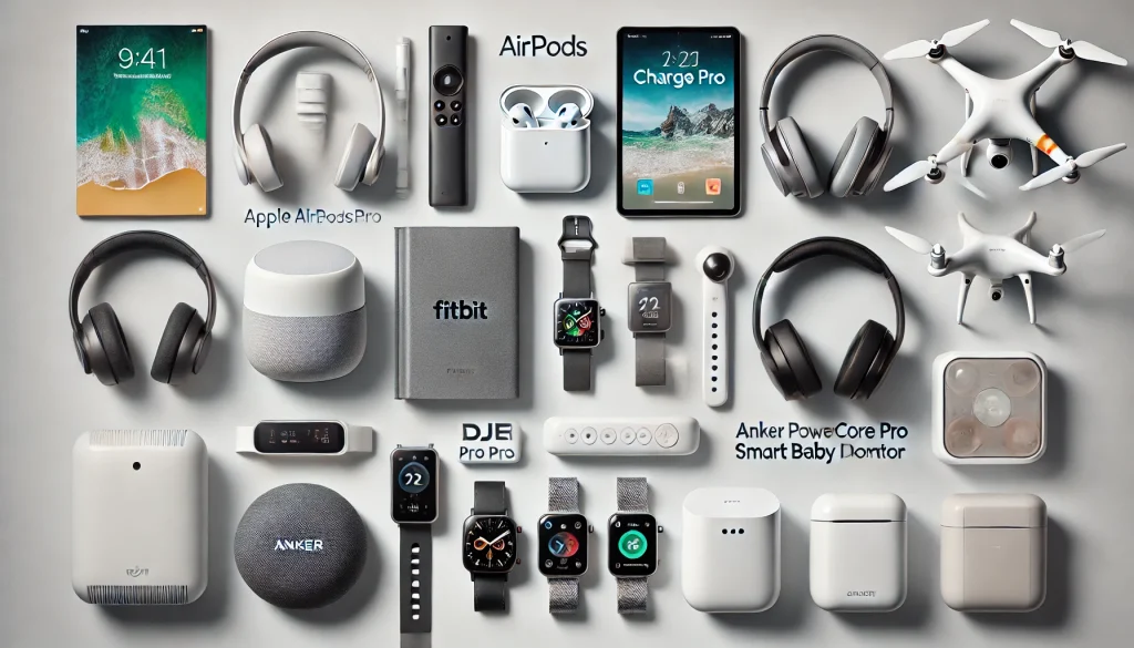 "A flat lay of modern tech gadgets including Apple AirPods Pro, Fitbit Charge 6, Kindle Paperwhite, Echo Show 10, Oculus Quest 3, DJI Mini 3 Pro Drone, Anker PowerCore power bank, Sony WH-1000XM5 headphones, Samsung Galaxy Watch 6, and Nanit Pro Smart Baby Monitor arranged neatly on a clean white background. Each gadget is placed strategically to highlight its unique features, with subtle lighting to emphasize their sleek, modern designs."