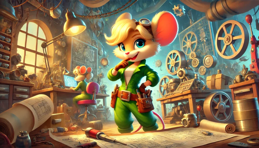 A landscape illustration of Gadget Hackwrench from Chip ‘n Dale: Rescue Rangers, a blonde mouse in a green jumpsuit and tool belt, confidently standing in a creative workshop filled with machines, tools, and gadgets, emphasizing her role as the team's inventor.