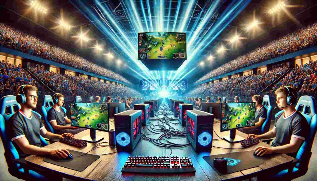 A dynamic esports tournament scene with players focused on their gaming PCs surrounded by high-performance gaming hardware, large monitors, mechanical keyboards, and gaming mice. The arena is illuminated with vibrant lights, and the screen above displays the in-game action, representing the thrill of competitive gaming.