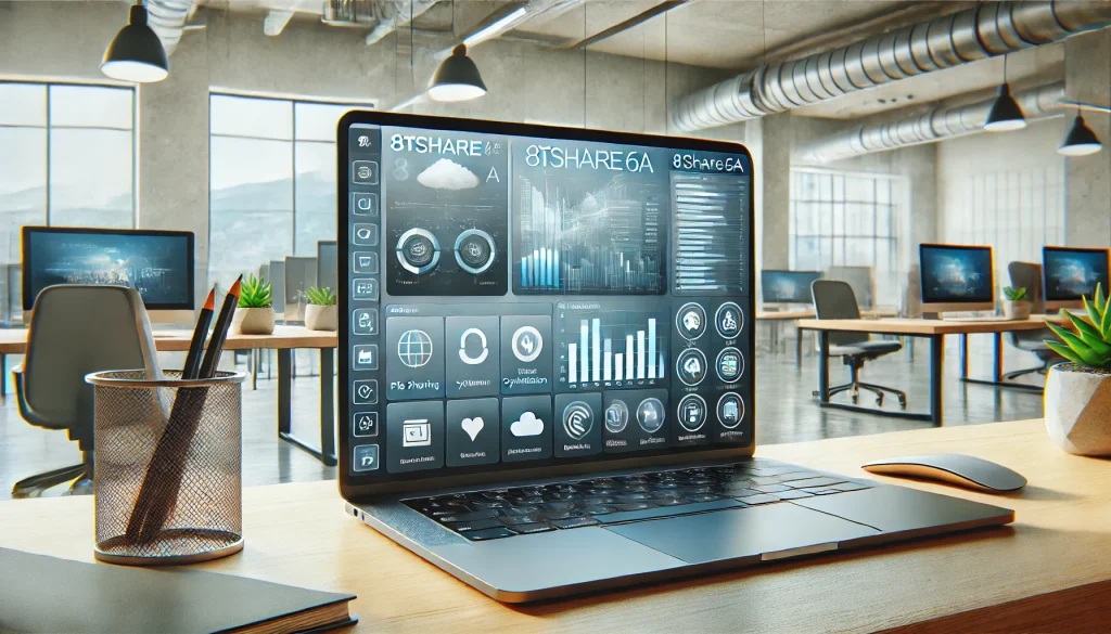 A landscape view of the 8TShare6A software interface on a laptop screen, showing functionalities such as file sharing, data synchronization, and system optimization. The laptop is placed on a minimalistic desk, symbolizing productivity and efficiency in a professional workspace.